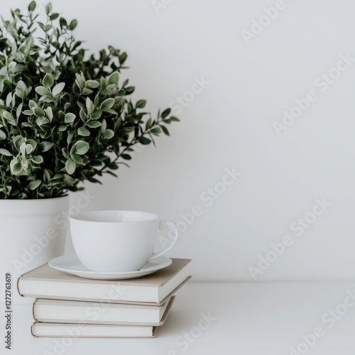 Wallpaper Mural Minimalist home decor featuring a white cup on stacked books beside a plant Torontodigital.ca