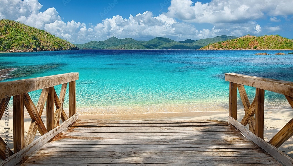 Obraz premium Wooden Dock Leads to Tropical Beach Paradise with Turquoise Water and Lush Green Hills under a Sunny Sky
