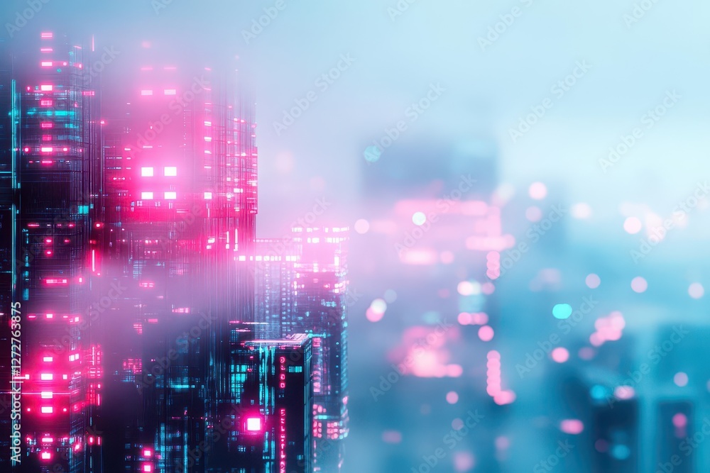Obraz premium Abstract Futuristic Cityscape at Night with Pink and Blue Neon Lights Architecture