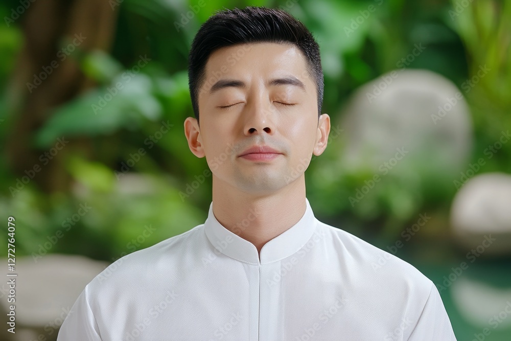 A Tai Chi student closing their eyes, sensing the flow of energy (Qi) within A Tai Chi student closing their eyes, sensing the flow of energy (Qi) within