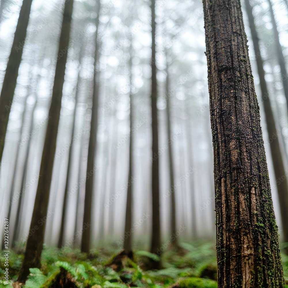 Misty forest landscape with tall trees and lush greenery in the foreground Misty forest landscape with tall trees and lush greenery in the foreground