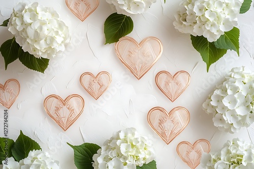 Art Deco Women's Day poster with art deco heart patterns and elegant white hydrangeas on a stylized white canvas.