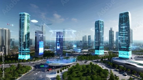 Futuristic Smart City with Holographic Skyscrapers, Autonomous Vehicles, Flying Drones, and Green Urban Innovation
