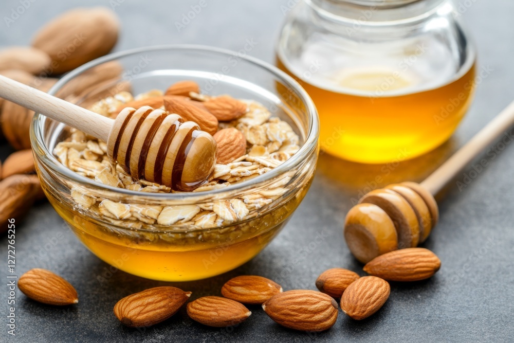 A cereal bowl filled with oats, nuts, and honey, showing a nutritious high-carb breakfast A cereal bowl filled with oats, nuts, and honey, showing a nutritious high-carb breakfast
