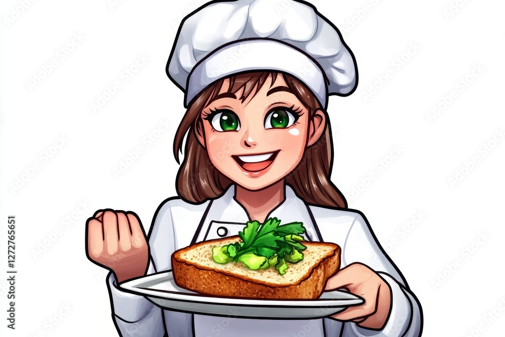 A chibi-style chef presenting a delicious plate of whole-wheat toast, smiling with enthusiasm A chibi-style chef presenting a delicious plate of whole-wheat toast, smiling with enthusiasm