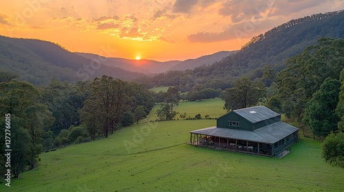 Wallpaper Mural Sunrise over valley with cabin. Scenic landscape. Possible use Stock photo Torontodigital.ca
