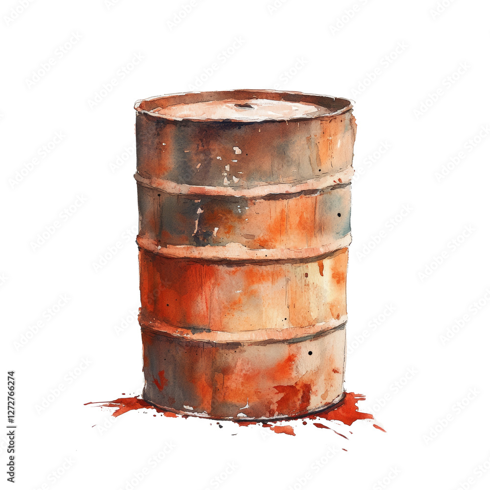 Watercolor rendering of a rusty metal barrel with liquid spills, isolated Watercolor rendering of a rusty metal barrel with liquid spills, isolated
