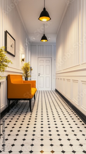 Modern hallway with stylish orange chair, decorative plants, and elegant lighting