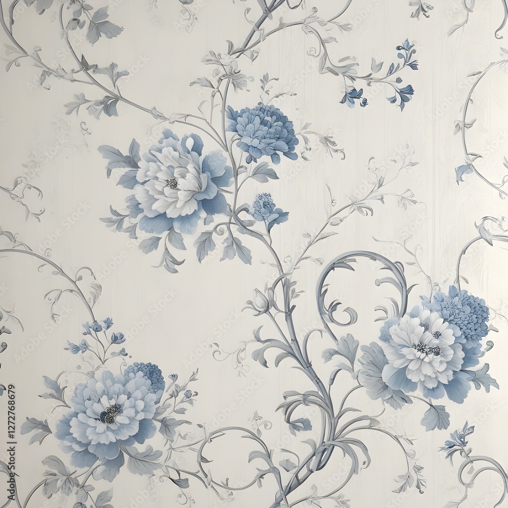 Elegant, intricate Chinoiserie pattern featuring delicate blue and white flowers, intertwined withcurling vines and ornate foliage . Elegant, intricate Chinoiserie pattern featuring delicate blue and white flowers, intertwined withcurling vines and ornate foliage .