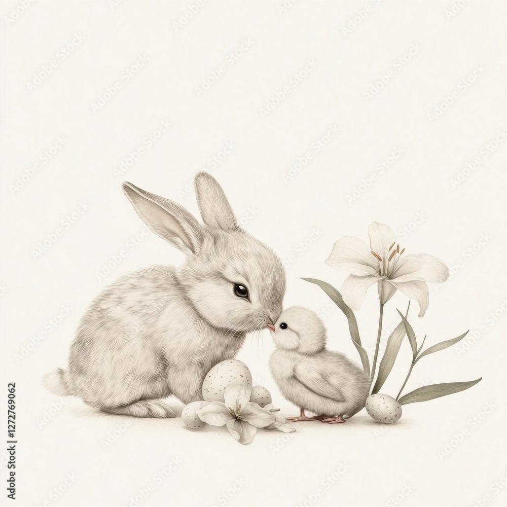 Gentle Bunny and Chick with Easter Eggs and Lily Gentle Bunny and Chick with Easter Eggs and Lily