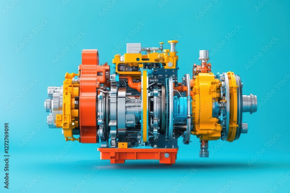 Fototapeta premium Cross Section of Complex Machine Gear with Metallic and Yellow Parts on Teal