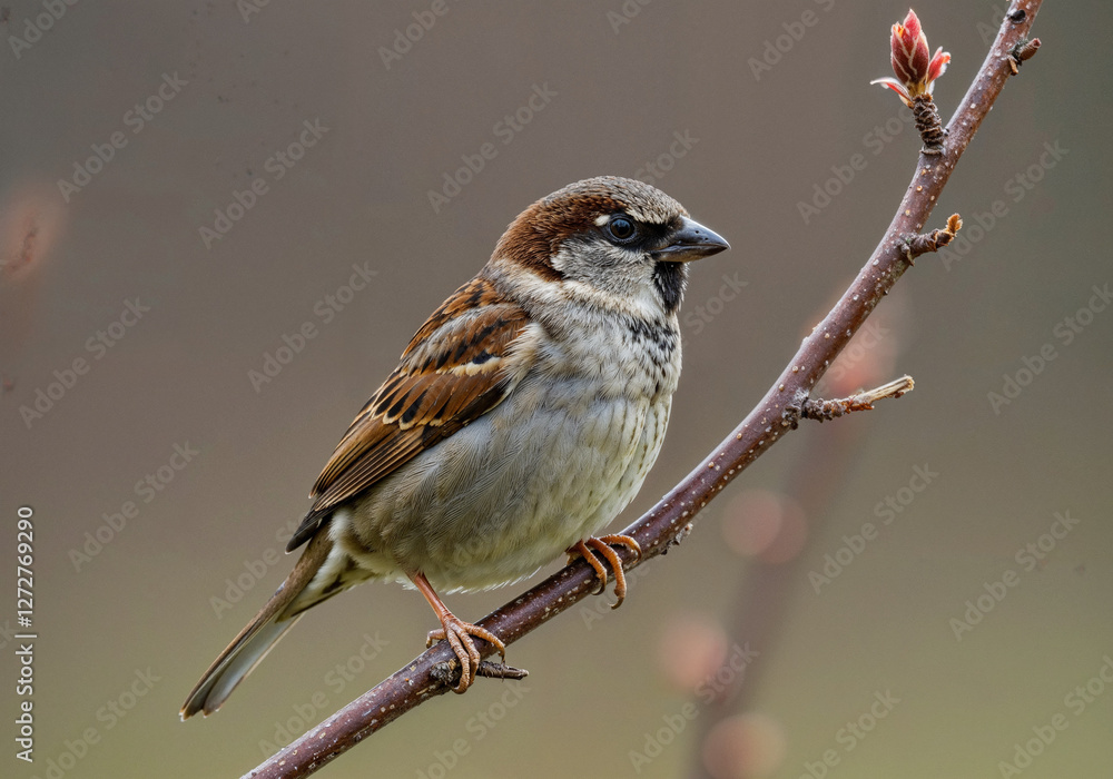 Naklejka premium Sparrow perched on a branch in spring, showcasing natural beauty and vibrant new growth in the background