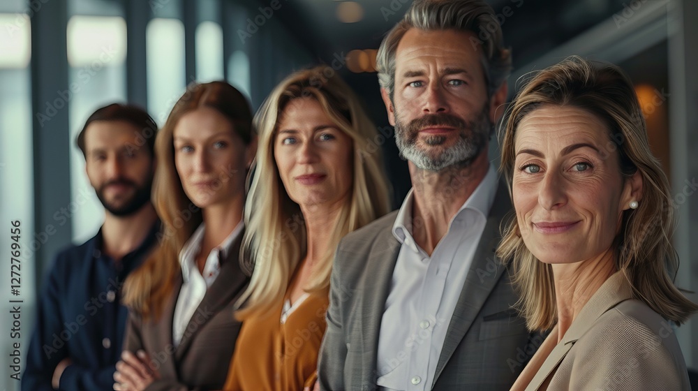 A diverse group of professionals, including men and women, stands confidently in a modern office setting. A diverse group of professionals, including men and women, stands confidently in a modern office setting.