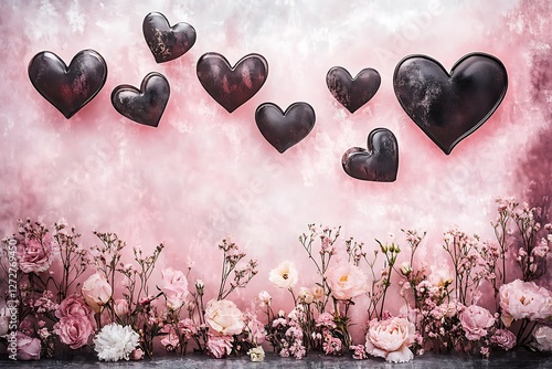 Atmospheric Women's Day poster with moody hearts and atmospheric mist over a floral pink scene.