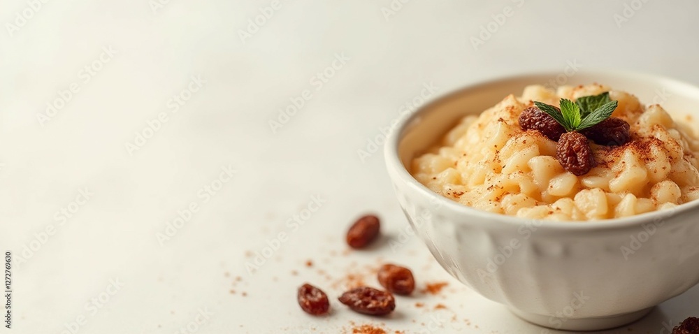 Creamy Arroz con Leche Garnished with Cinnamon and Raisins in White Bowl Creamy Arroz con Leche Garnished with Cinnamon and Raisins in White Bowl