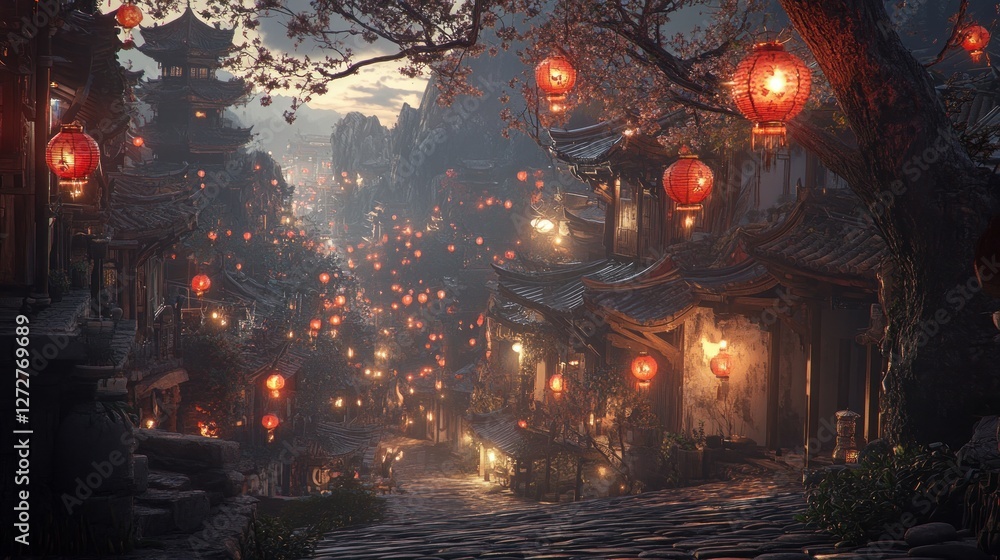 A serene ancient street illuminated by lanterns, showcasing a tranquil evening atmosphere. A serene ancient street illuminated by lanterns, showcasing a tranquil evening atmosphere.