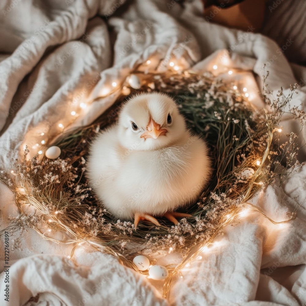 Obraz premium Fluffy Chick in Nest with Fairy Lights and Dried Flowers