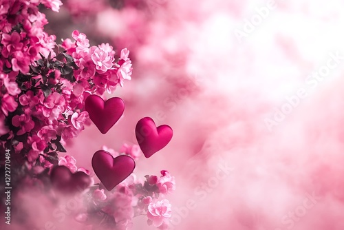 Atmospheric Women's Day poster with moody hearts and atmospheric mist over a floral pink scene.