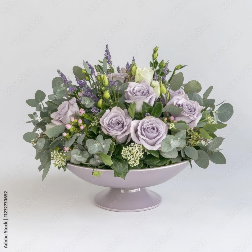 Naklejka premium Elegant Lavender and White Rose Floral Arrangement in a Bowl