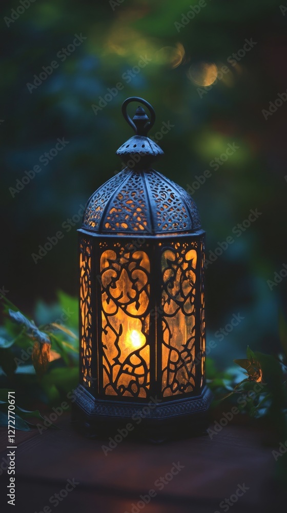 A decorative lantern glowing softly in a lush, green setting, creating a warm ambiance. A decorative lantern glowing softly in a lush, green setting, creating a warm ambiance.