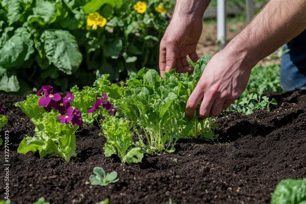 Hand Tending Fresh Garden Greens in Vibrant Flowering Landscape Hand Tending Fresh Garden Greens in Vibrant Flowering Landscape