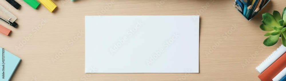 Flatlay of White Card With Art Supplies on Wooden Desk in Neutral Tone Flatlay of White Card With Art Supplies on Wooden Desk in Neutral Tone