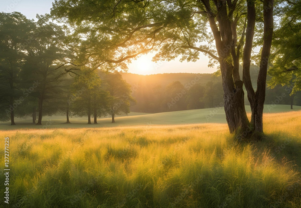 Serene Autumn Landscape with Sunset and Trees Serene Autumn Landscape with Sunset and Trees