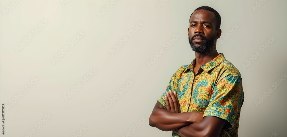 Obraz premium Resentful Caribbean Man in Traditional Brightly Patterned Clothing
