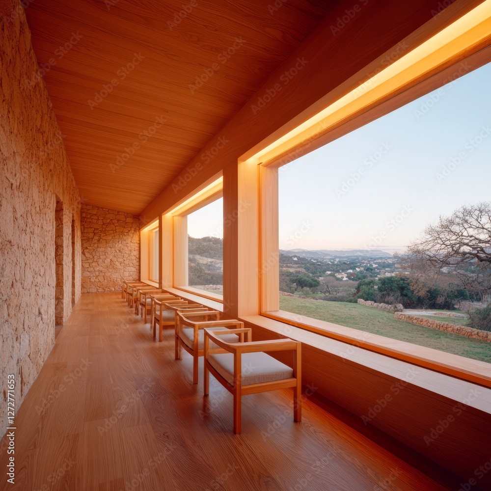 Obraz premium Modern minimalist interior with wooden benches and large windows overlooking nature