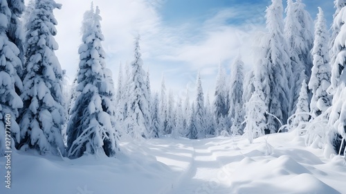 Captivating winter wonderland scene with snow covered pine trees in a remote serene mountain landscape  A peaceful tranquil and breathtaking natural setting perfect for a cozy and enchanting escape
