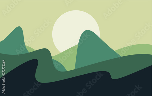 landscape wallpaper design with mountain and sun, luxury background design for cover or poster