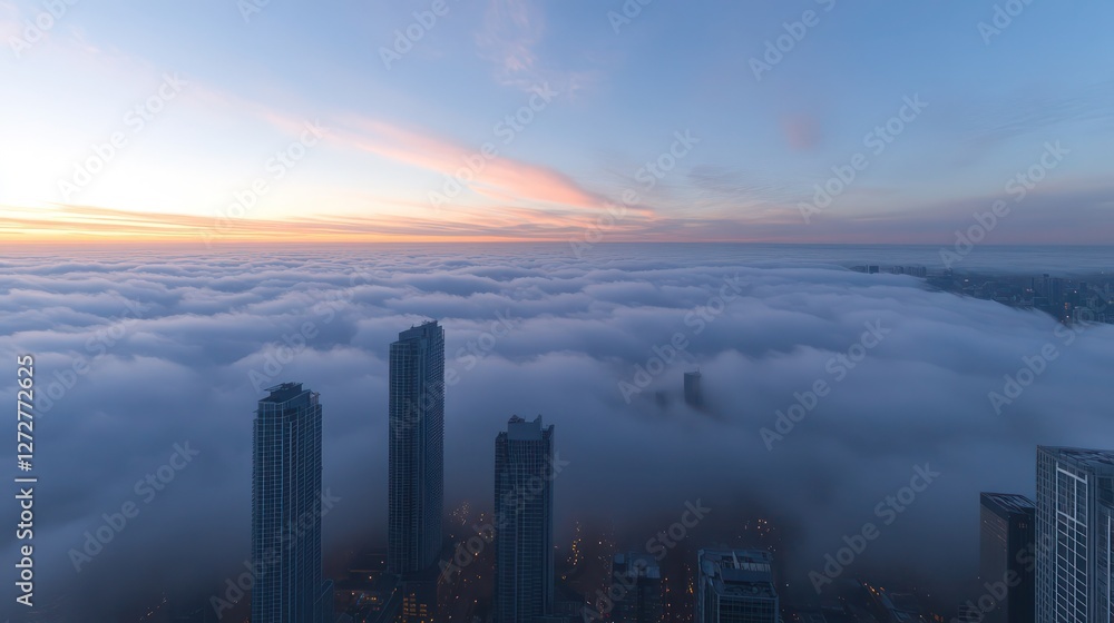 Aerial view of skyscrapers rising above a sea of clouds at sunrise. City buildings pierce through a thick layer of fog. Aerial view of skyscrapers rising above a sea of clouds at sunrise. City buildings pierce through a thick layer of fog.