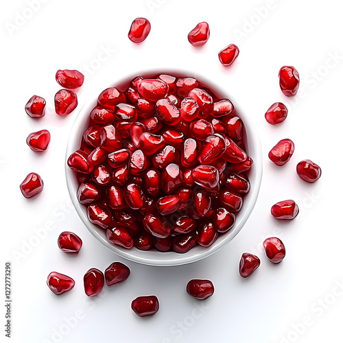 Pomegranate Seeds in Bowl Isolated on White photo