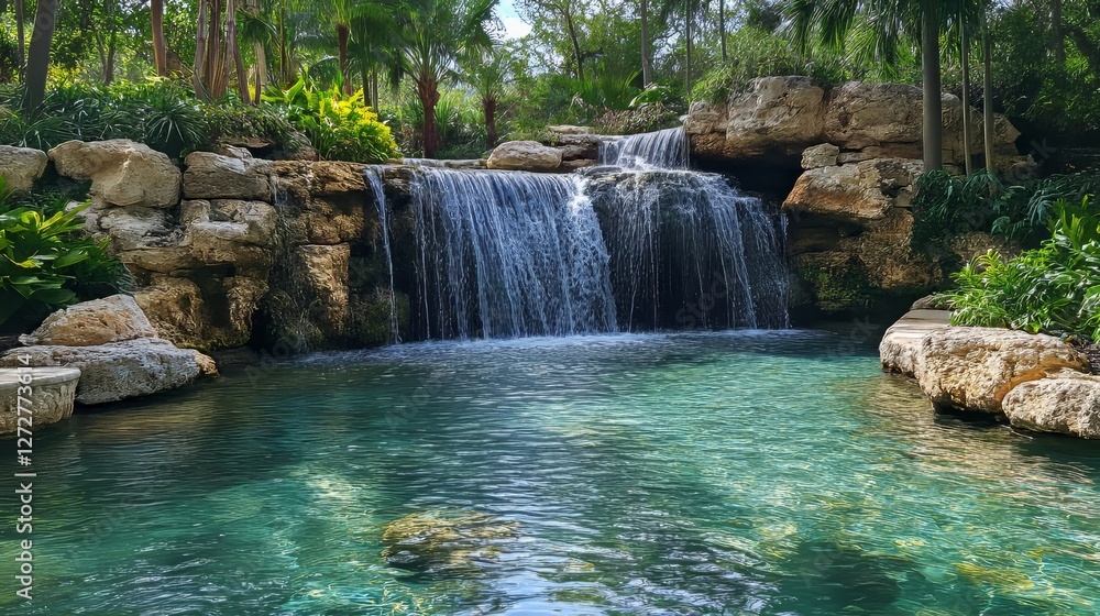 Naklejka premium serene waterfall cascading into a crystal-clear pool, surrounded by lush greenery, Generative AI