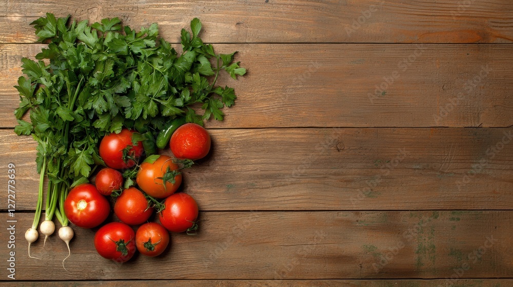 Assortment of Fresh Vegetables and Herbs on Rustic Wooden Table