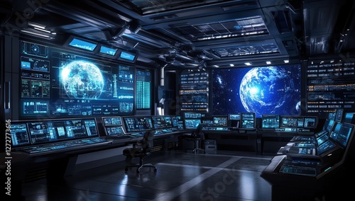 Wallpaper Mural Exploring Futuristic Control Room: Advanced Technology Displays Global Network Data, Monitors Planetary Systems, and Shows Space Exploration Mission Control Center in Stunning Detail. Torontodigital.ca