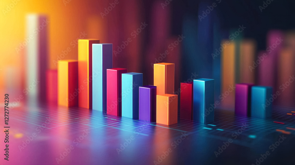 Colorful bar chart on digital grid with vibrant gradient background Colorful bar chart on digital grid with vibrant gradient background