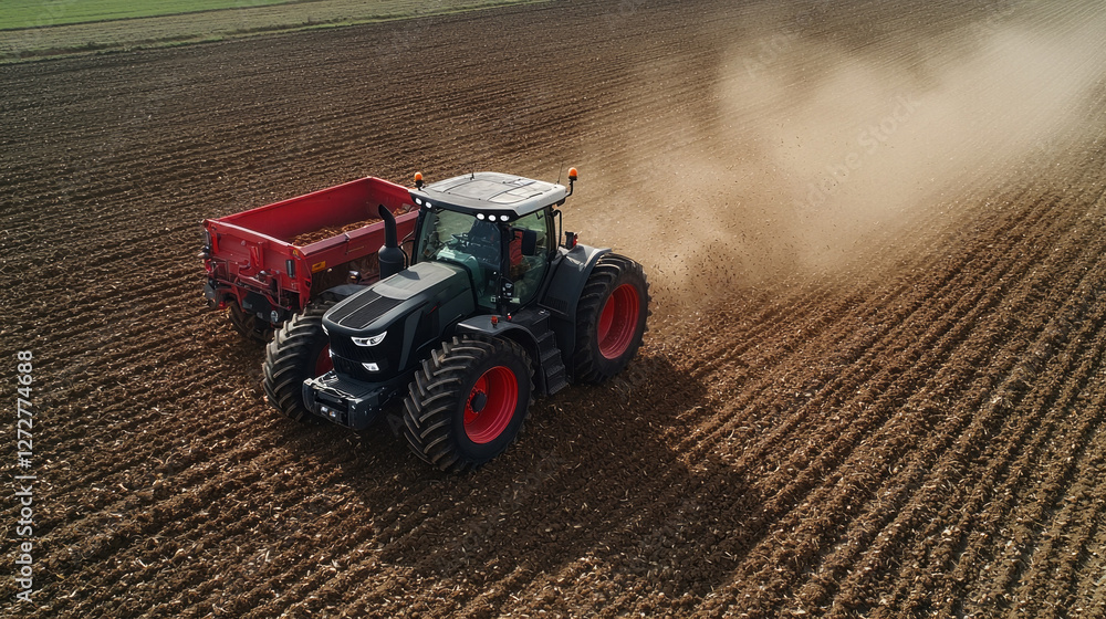 Obraz premium A bird's-eye view showcases a modern tractor actively tilling the soil, spreading fertilizer across a vast agricultural field. Dust rises, highlighting the industrious efforts to nurture the land