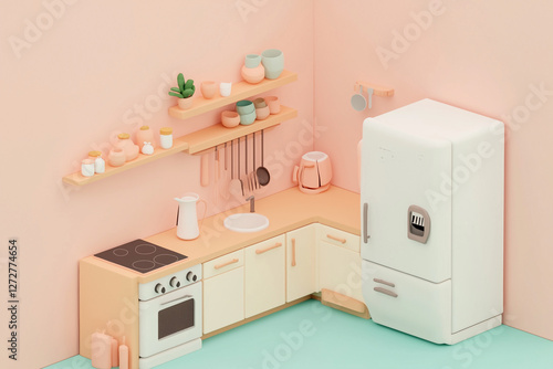 3D cozy kitchen interior with pastel cabinets, dining table, and home appliances.
A charming domestic diorama inspired by warm countryside living.
