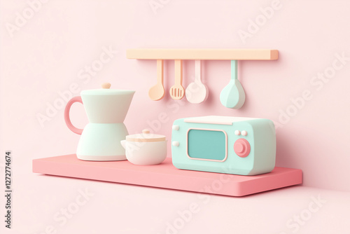 3D cozy kitchen interior with pastel cabinets, dining table, and home appliances.
A charming domestic diorama inspired by warm countryside living.
