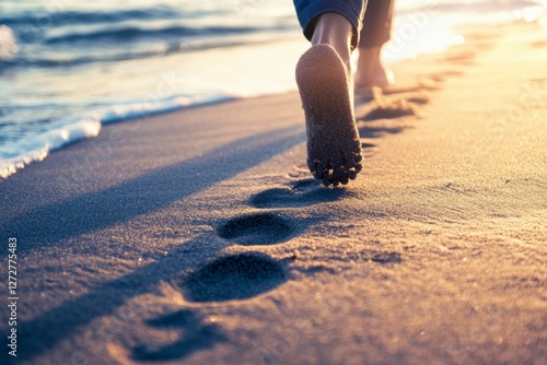 Sole of a Foot Walking on a Sandy Beach at Sunset