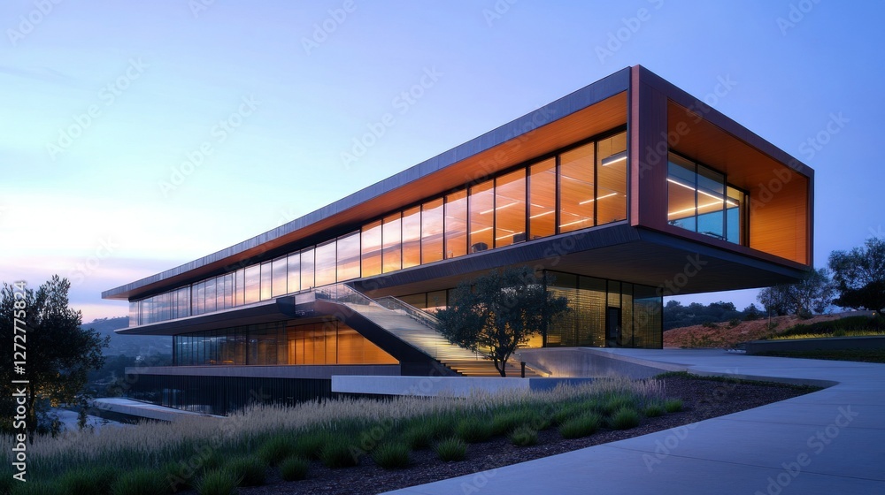 Modern office building at twilight, hillside setting, glass facade, architectural design, exterior shot, commercial property Modern office building at twilight, hillside setting, glass facade, architectural design, exterior shot, commercial property