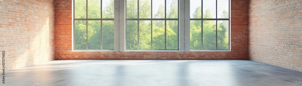 Fototapeta premium Sunlit Empty Room With Brick Walls Polished Concrete Floor and Large Window