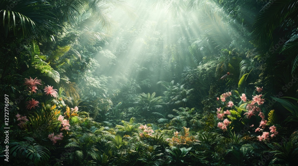 Sunlight streams through lush jungle foliage. Possible use Nature background Sunlight streams through lush jungle foliage. Possible use Nature background