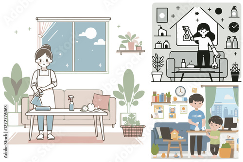 vector image of people cleaning at home suitable for design of cleanliness, home activities, busyness, household, banners, flyers, posters, education, cleaning service,