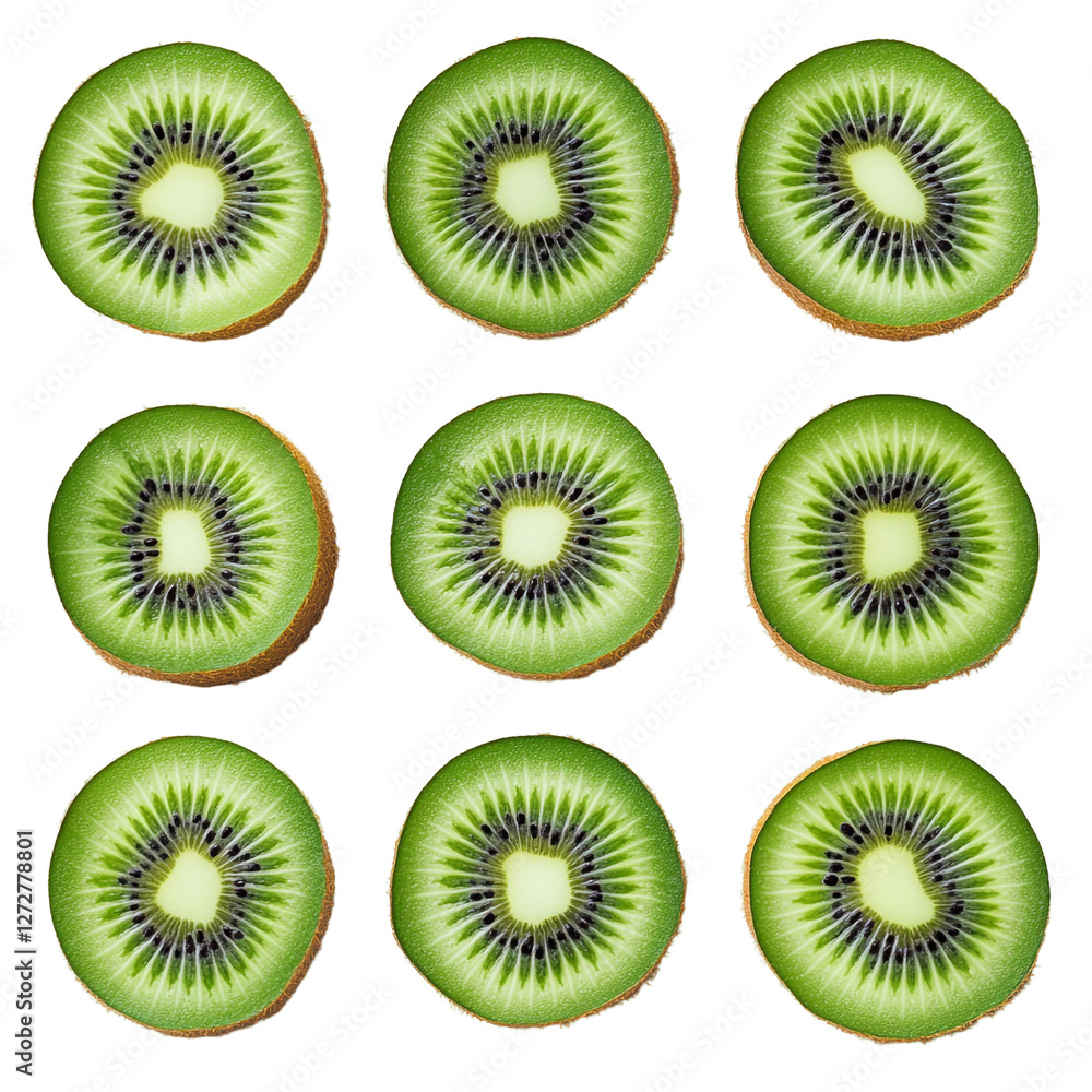 Fototapeta premium Nine juicy kiwi fruit slices on black background healthy food pattern