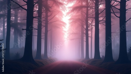 A Serene Pink and Purple Forest Enveloped in Mist. photo