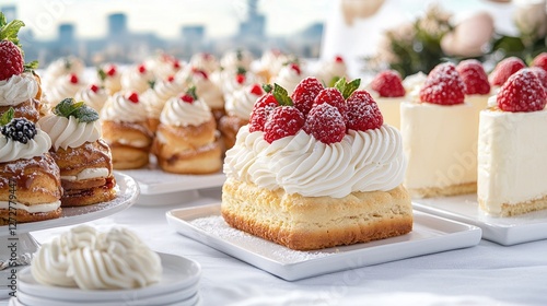 Delicious pastries, city view background, event catering