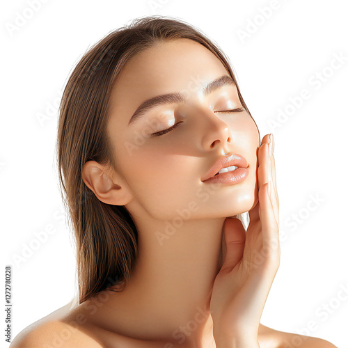 Serene young woman with flawless skin touching her face, isolated on transparent background photo