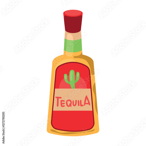 Colorful Vector Illustration of a Tequila Bottle with Cactus Label for Mexican Party or Celebration